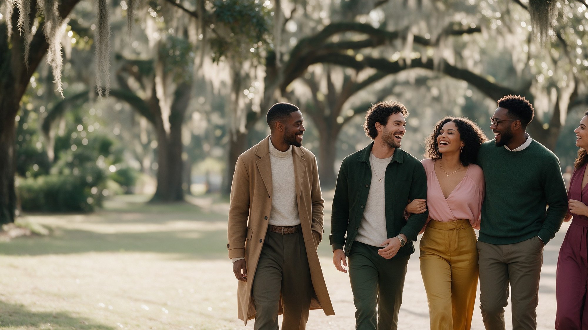 Friends strolling and laughing under moss-draped live oaks in a Savannah square